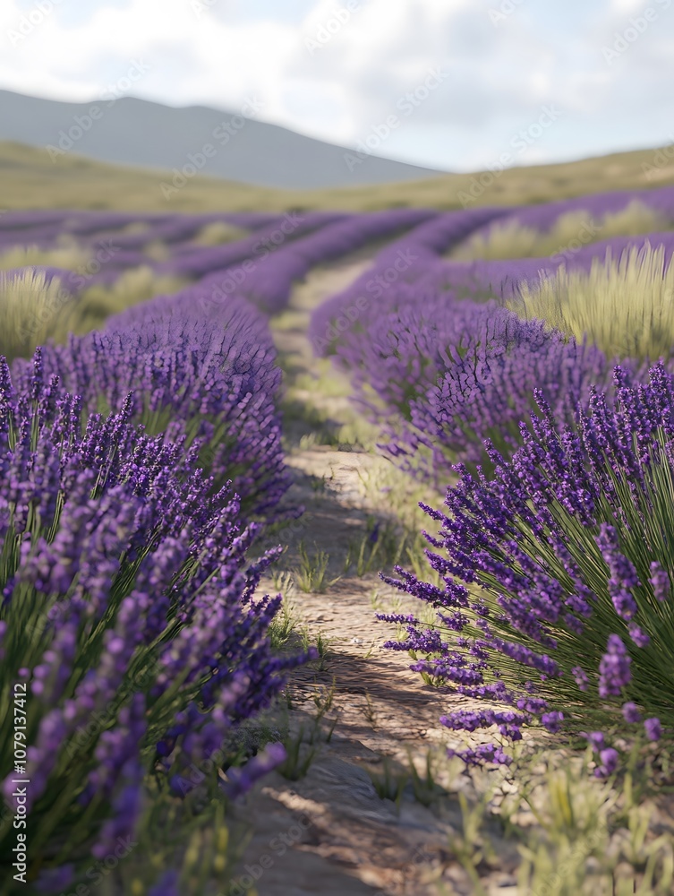 Obraz premium A dirt path winds through a field of blooming lavender, with hills in the background.