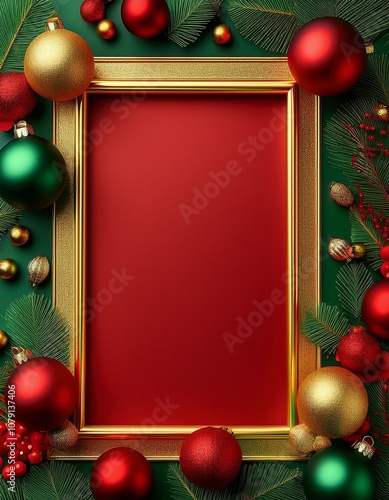 Marco navideño, con coleres rojo, berde y dorado, espacio para texto photo