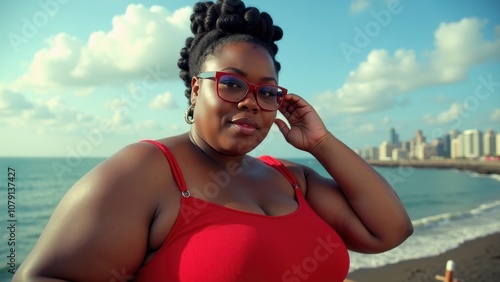 Woman poses confidently at beach, wearing red top and stylish glasses. The ocean waves lap at shore while city skyline creates stunning backdrop under bright blue sky. Plus size body positivity photo