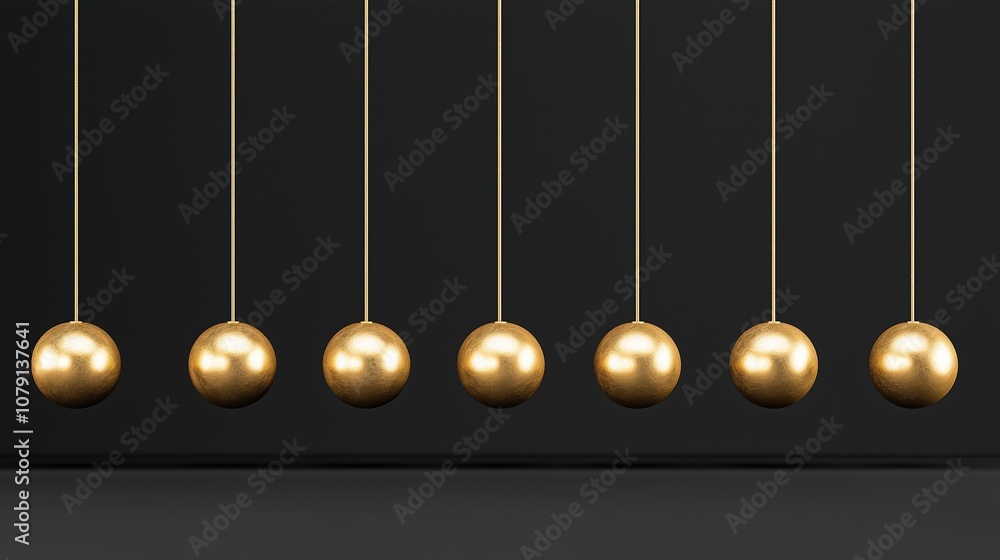 Row of gold balls hanging from a string. The balls are all the same size and color Row of gold balls hanging from a string. The balls are all the same size and color