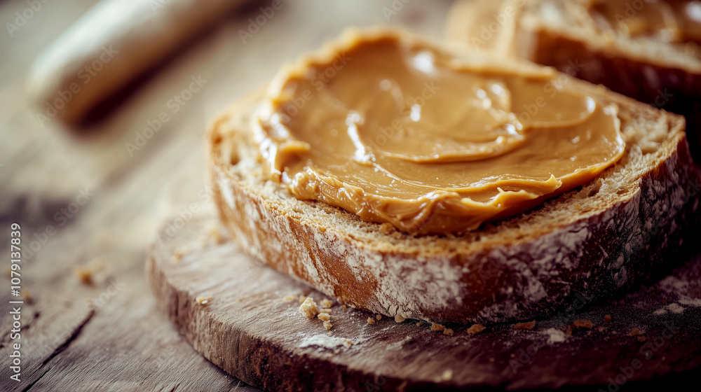 Creamy peanut butter spread on rustic bread slice Creamy peanut butter spread on rustic bread slice