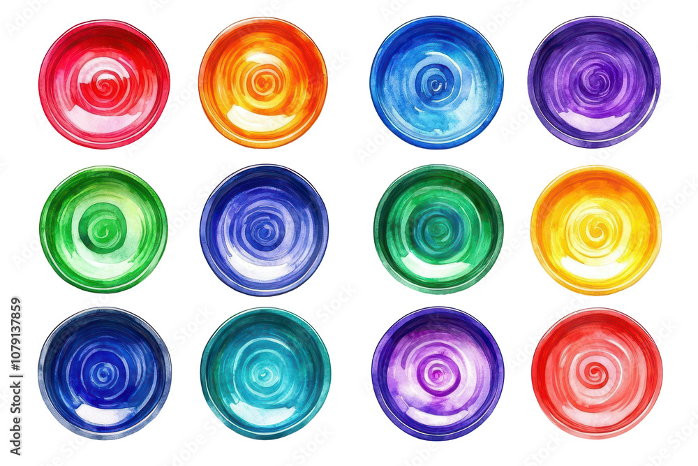 Colorful swirling bowls arranged in a vibrant display of rainbow hues Colorful swirling bowls arranged in a vibrant display of rainbow hues