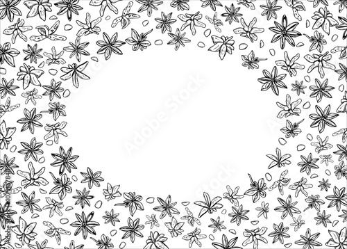 Monochrome star anise seeds seamless pattern isolated on white. Aromatic brown dried natural spice for making drinks and baking illustration. For decoration of menu, Christmas and New Year textile