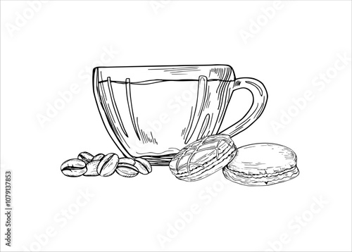 Cup of coffee, traditional French macarons and coffee bean heap vector isolated illustration painted by black inks. Glass mug with hot drink, sweets for breakfast etching drawing. For package design