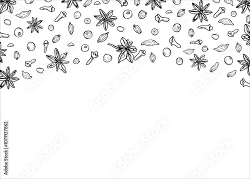 Cloves, star anises, cardamom, peppers and berries vector horizontal border. Winter aromatic spices line art black ink sketch for the design of invitation, cards, advertising posters. Copy space