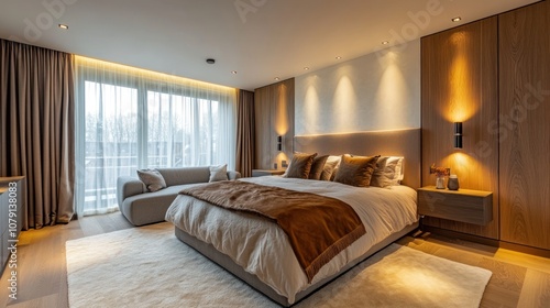 Modern bedroom with large bed, wooden paneling, and a plush rug.