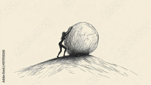 A determined individual applies all their strength to push a massive boulder uphill on a sandy terrain, embodying the struggle against challenges and obstacles.
