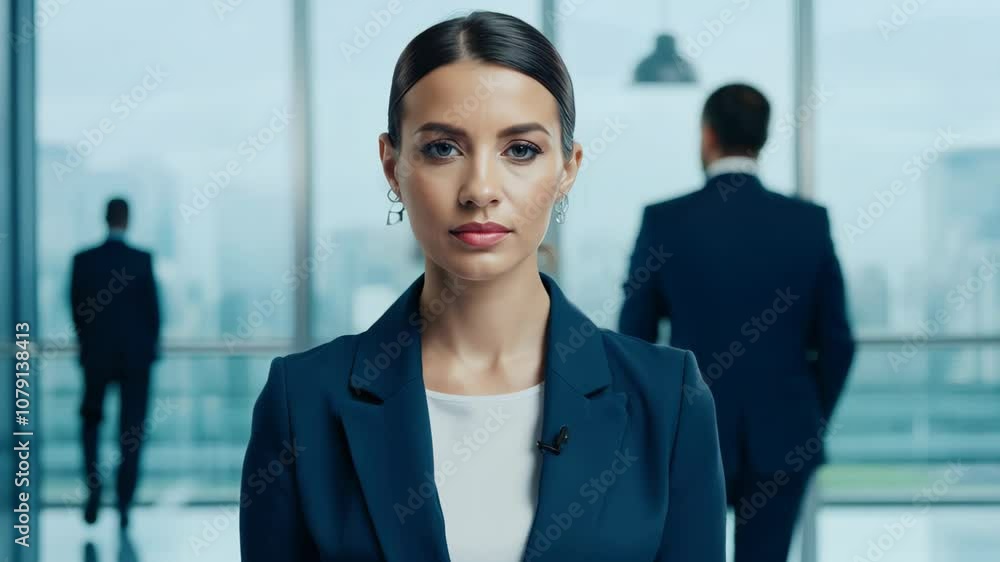 Focused businesswoman in a modern office, embodying professionalism and determination, with colleagues in the background. Focused businesswoman in a modern office, embodying professionalism and determination, with colleagues in the background.
