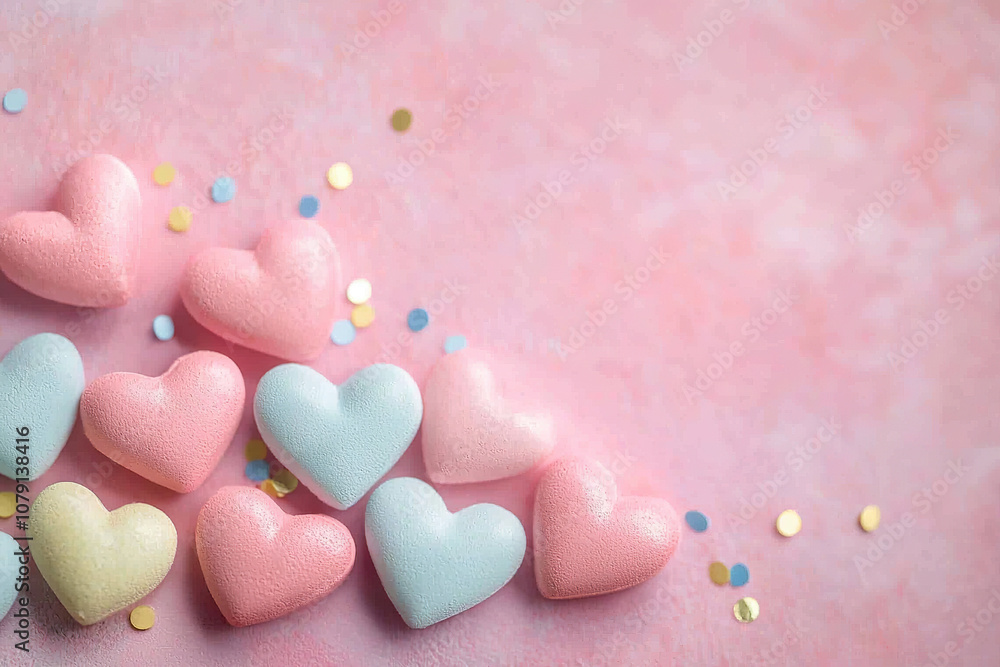 Fototapeta premium Pastel hearts scattered on soft pink background create charming and playful atmosphere, perfect for celebrations or romantic occasions