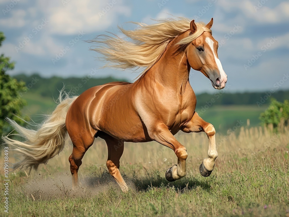 Red and palomino horse with a flowing mane in action on a field Red and palomino horse with a flowing mane in action on a field