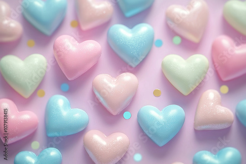 Colorful pastel hearts scattered on soft background create cheerful and playful atmosphere, perfect for celebrations or sweet treats