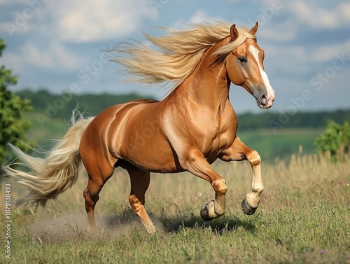 Red and palomino horse with a flowing mane in action on a field