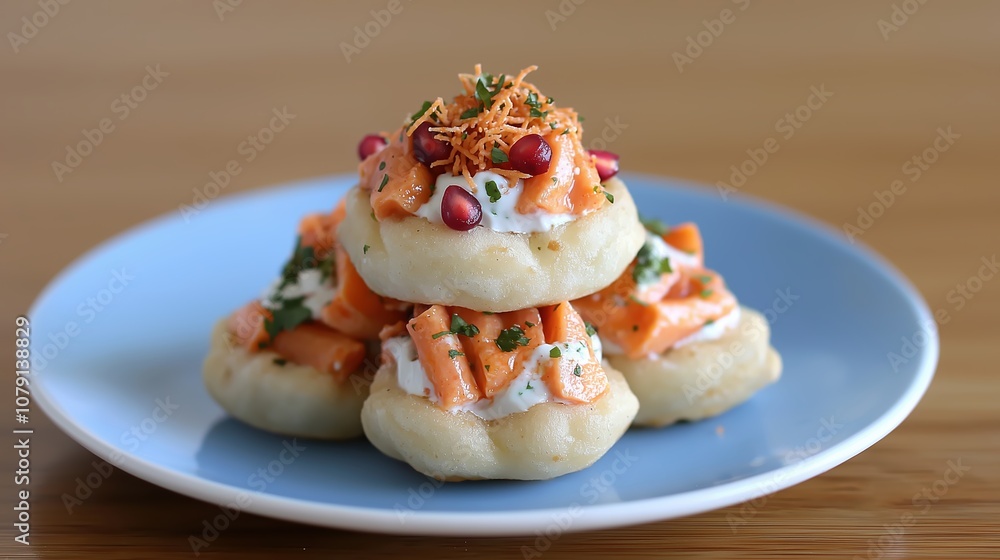 Plate of food with a blue plate and a white plate. The food is a stack of small pastries with a topping of carrots and pomegranate Plate of food with a blue plate and a white plate. The food is a stack of small pastries with a topping of carrots and pomegranate