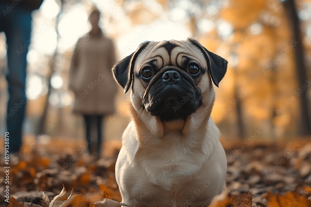 Golden Pug Dog Looking Inquisitively with Soft Focus Background Golden Pug Dog Looking Inquisitively with Soft Focus Background