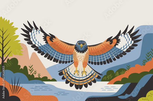 Bald eagle swoop landing hand draw and paint on white background vector illustration.