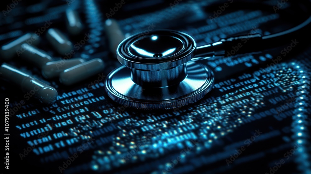 Stethoscope and pills on a computer circuit board, representing the intersection of medicine and technology. Stethoscope and pills on a computer circuit board, representing the intersection of medicine and technology.