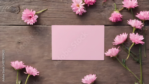 wooden background with flowers with paper note empty space for greeting message. Love and greeting concept design. AI generated image, ai