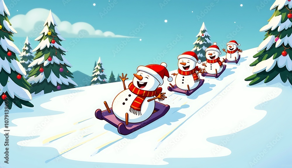 Cheerful snowmen sliding down the hill on sleds during winter Cheerful snowmen sliding down the hill on sleds during winter