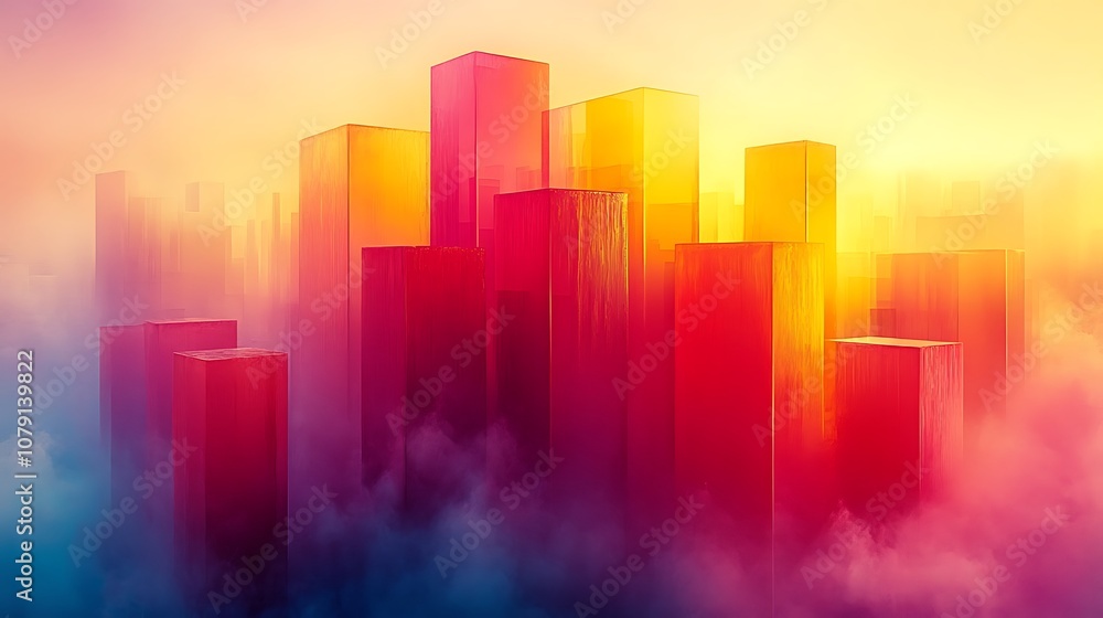 Abstract cityscape with red, yellow and orange buildings emerging from the clouds. Abstract cityscape with red, yellow and orange buildings emerging from the clouds.