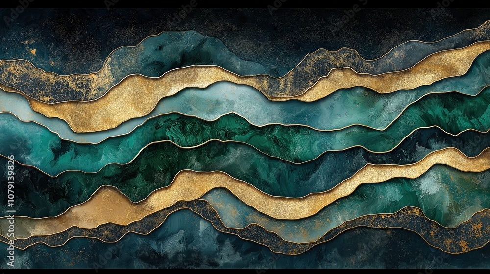 Painting of a mountain range with gold accents. The painting is a mix of blue and green colors Painting of a mountain range with gold accents. The painting is a mix of blue and green colors