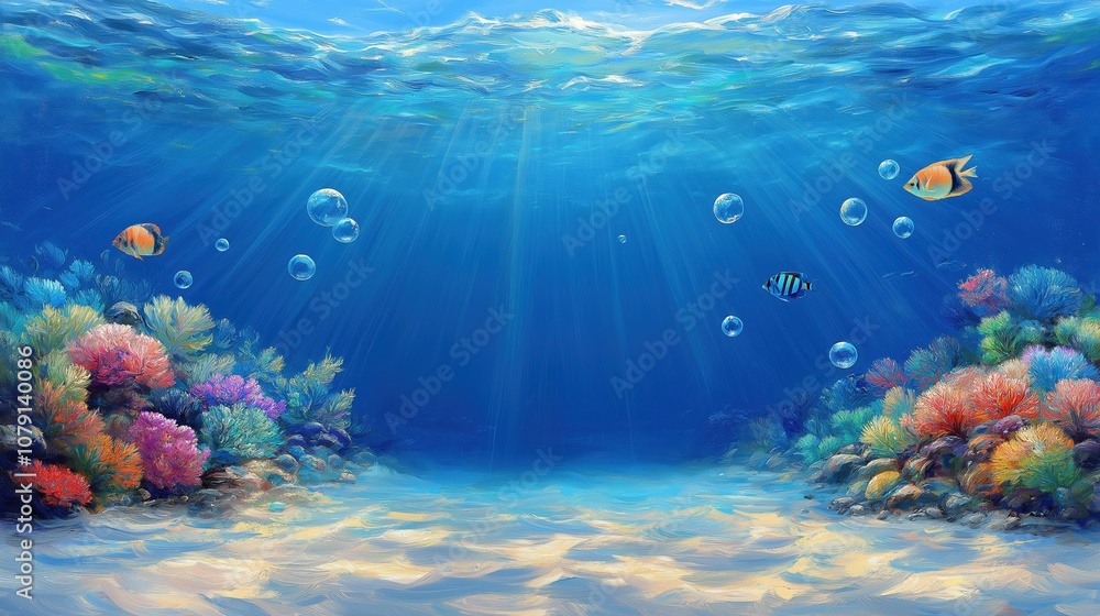 Fototapeta premium Painting of a coral reef with two fish swimming in the foreground. The painting is full of bright colors and has a peaceful, calming mood
