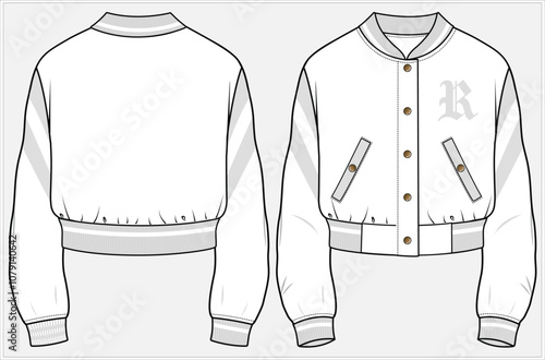 CROP LENGTH VARSITY BOMBER JACKET WITH WELT POCKET DETAIL DESIGNED FOR WOMEN AND TEEN GIRLS IN  VECTOR ILLUSTRATION FILE