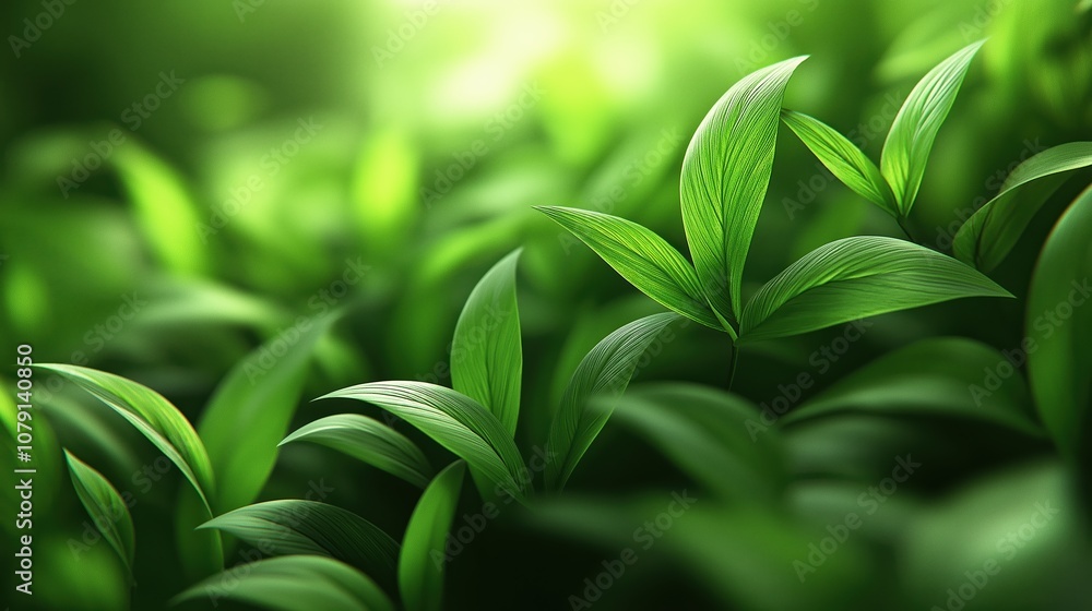 Fototapeta premium Lush green field of leaves with a few drops of water on them. Concept of tranquility and serenity, as the leaves are in full bloom and the water droplets add a sense of freshness