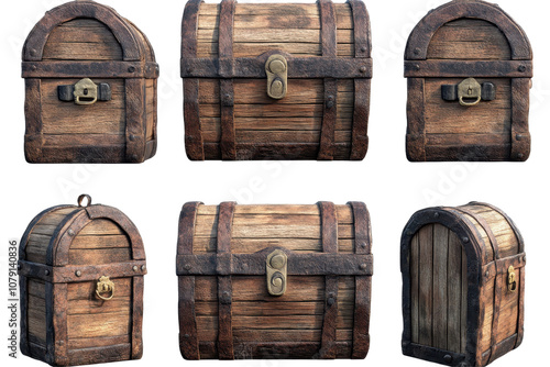 Treasure chests displayed from various angles showcasing rustic wooden design