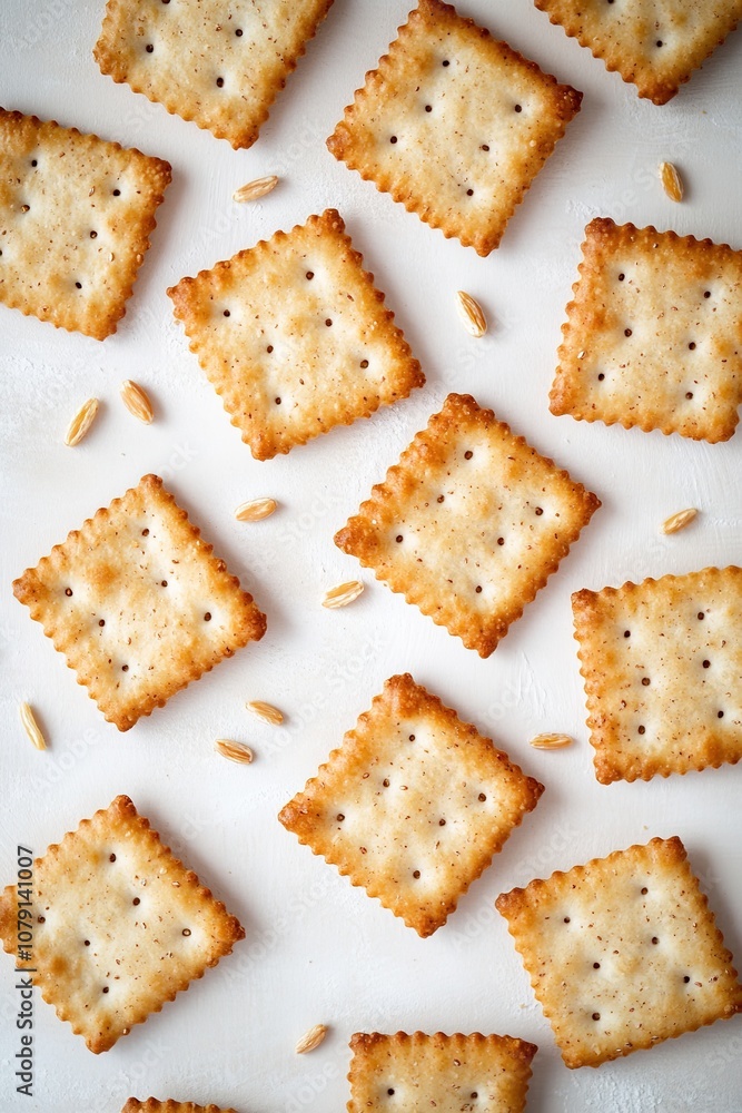 Crackers pattern on white, seeds scattered around Crackers pattern on white, seeds scattered around