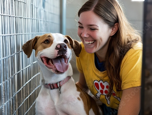 Happy volunteer with rescued dog at animal shelter