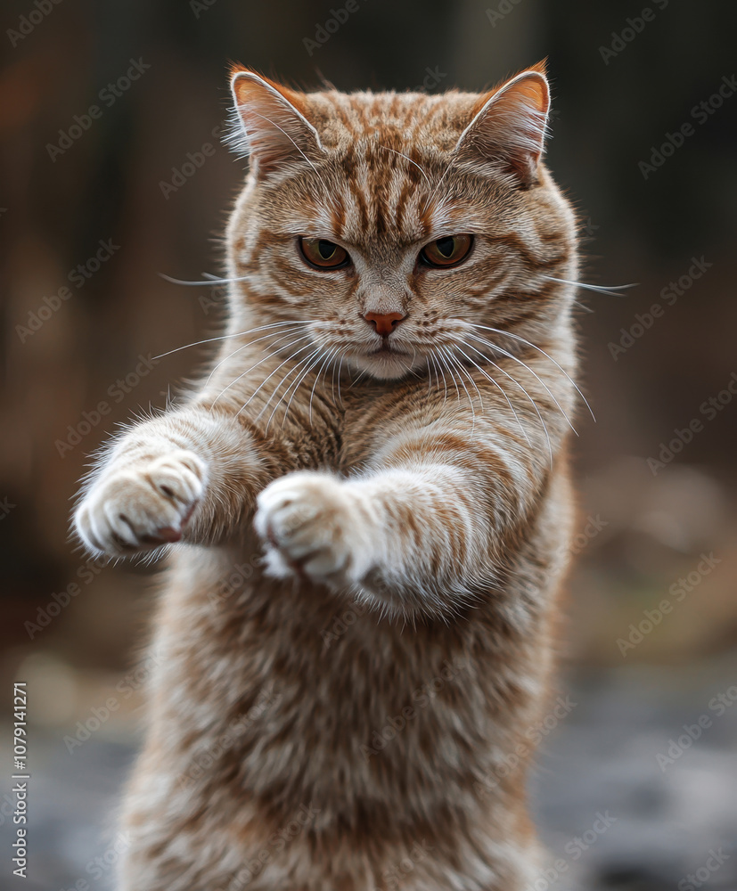 Clumsy Cats and Their Mischief. A focused cat standing with its paws raised, showcasing its playful demeanor in a natural setting. Clumsy Cats and Their Mischief. A focused cat standing with its paws raised, showcasing its playful demeanor in a natural setting.