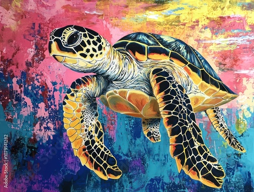 Hawksbill sea turtle depicted in vibrant waters