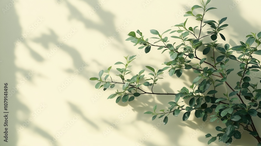 Leafy tree casts a shadow on a wall. The shadow is long and thin, stretching across the wall. The tree is tall and has many branches, with leaves of various sizes. The sunlight is shining brightly Leafy tree casts a shadow on a wall. The shadow is long and thin, stretching across the wall. The tree is tall and has many branches, with leaves of various sizes. The sunlight is shining brightly