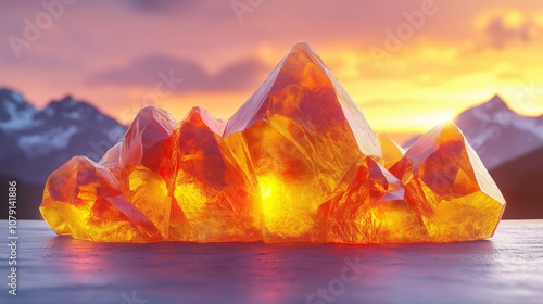 Large, orange rock sits on the surface of a body of water. The rock is surrounded by mountains in the background, creating a serene and peaceful atmosphere