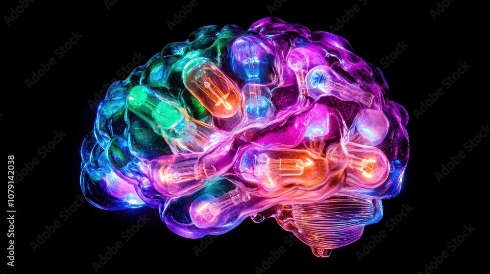 Human brain made of colorful lightbulbs, each glowing, symbolizing creativity and innovation, abstract background Human brain made of colorful lightbulbs, each glowing, symbolizing creativity and innovation, abstract background