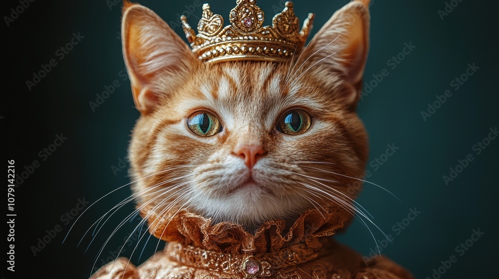 Fototapeta premium Regal Ginger Cat Wearing a Crown and Ornate Collar, Exuding Elegance and Charm Against a Dark Green Background, Ideal for Pet and Animal Lovers