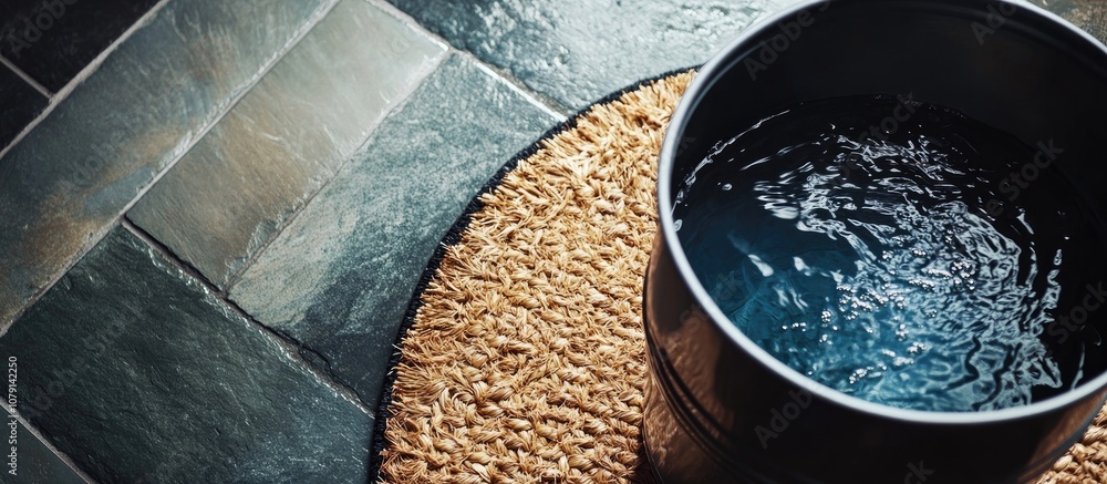 Cleaning a doormat submerged in a bucket of water essential task for maintaining a tidy room Cleaning a doormat submerged in a bucket of water essential task for maintaining a tidy room