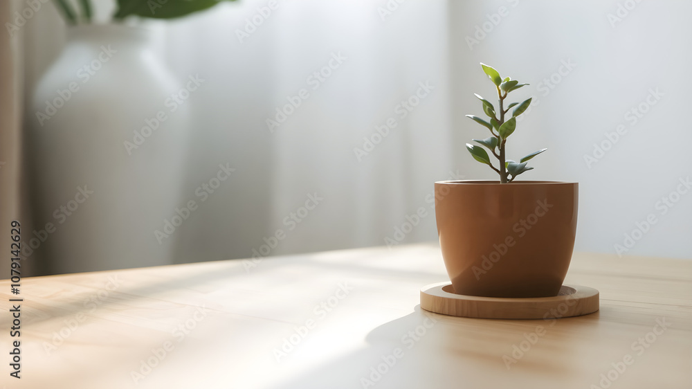 Close-up of a minimalist wooden coffee table with small potted plants. Close-up of a minimalist wooden coffee table with small potted plants.