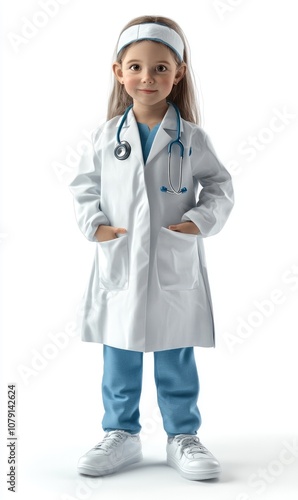 Child in doctor costume, 3D illustration, isolated on white background