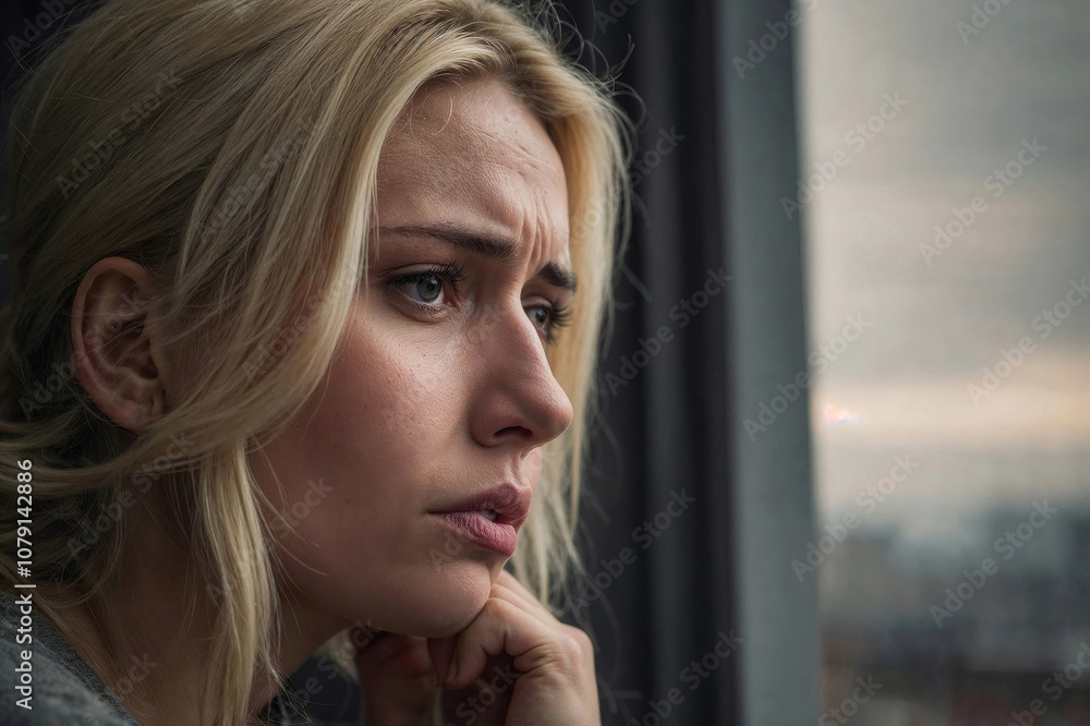 Face of thoughtful and sad woman with long blonde hair and a sad expression, is looking out a window, she is upset. Scene is somber and melancholic Face of thoughtful and sad woman with long blonde hair and a sad expression, is looking out a window, she is upset. Scene is somber and melancholic