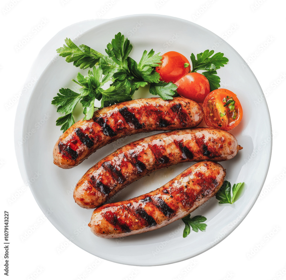 PNG Grilled sausages with herbs and tomatoes PNG Grilled sausages with herbs and tomatoes