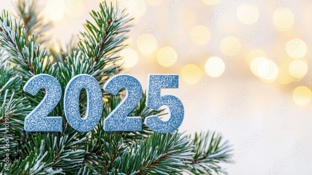 Glittery blue 2025 numbers on pine branches with soft bokeh background Glittery blue 2025 numbers on pine branches with soft bokeh background