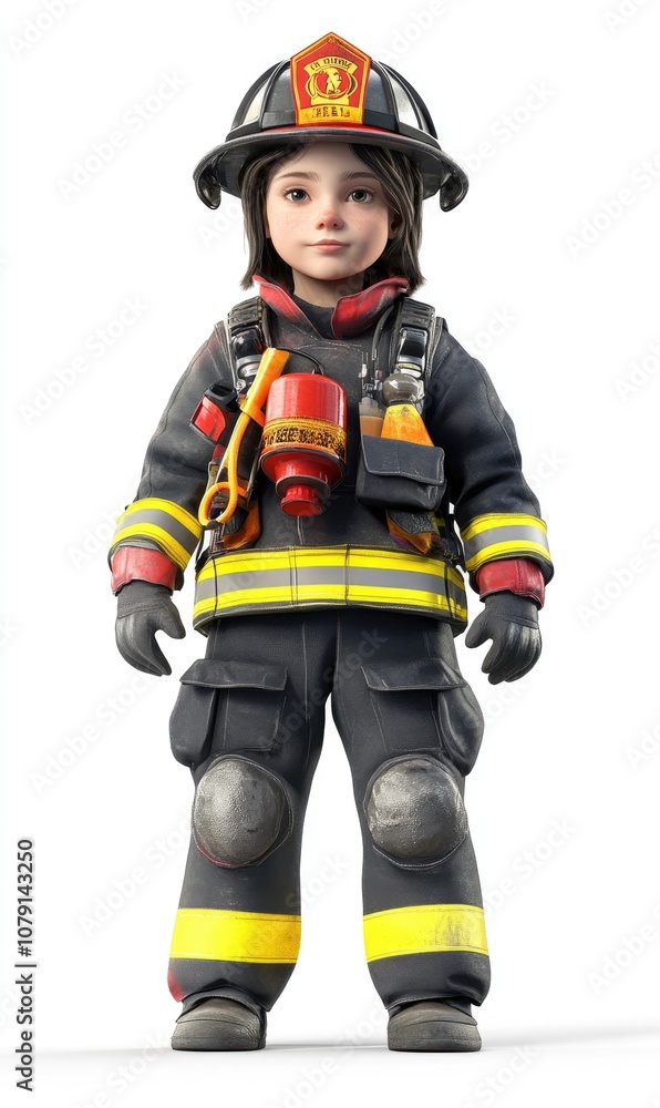 Child in firefighter costume, 3D illustration, isolated on white background Child in firefighter costume, 3D illustration, isolated on white background