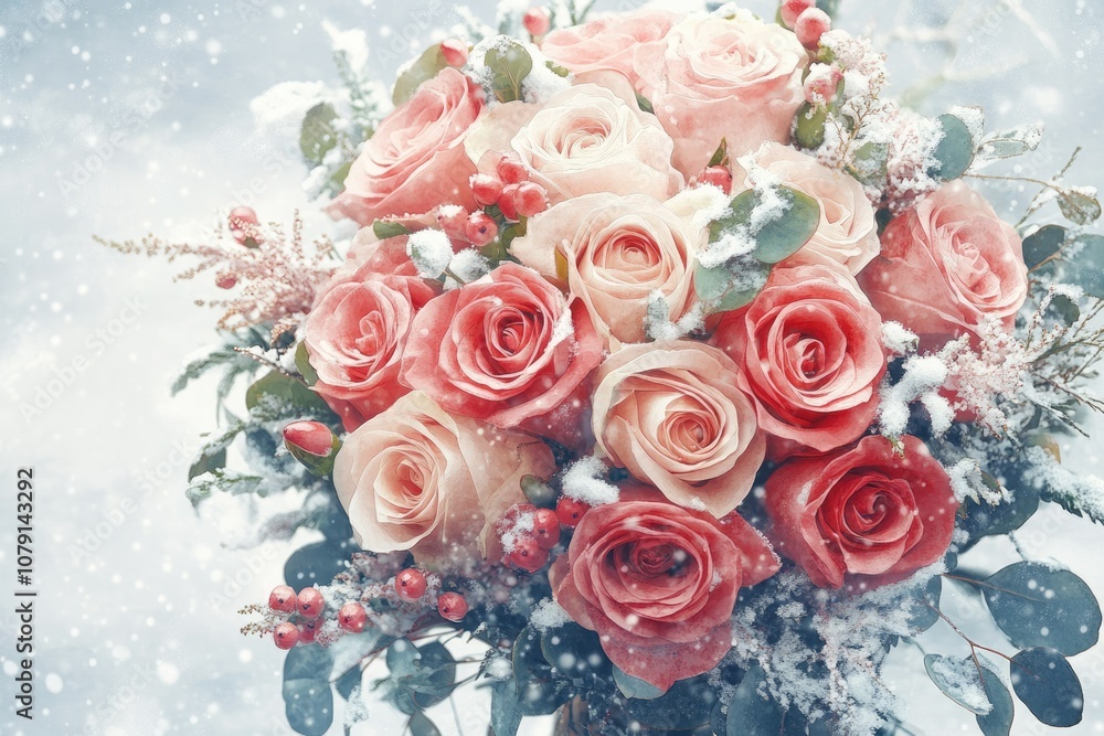 Festive Winter Wedding Bouquet. Watercolor Illustration with Roses and Snow Festive Winter Wedding Bouquet. Watercolor Illustration with Roses and Snow