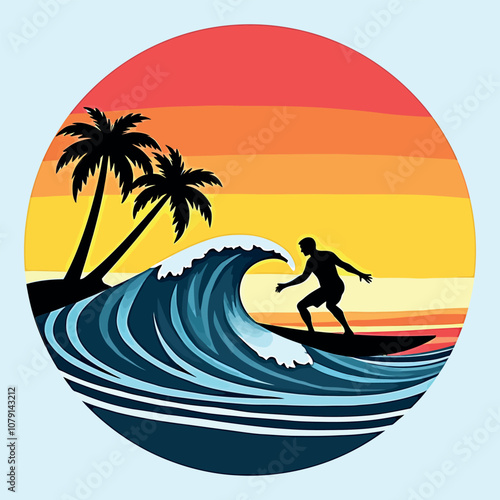 sunset surfing retro t-shirt design