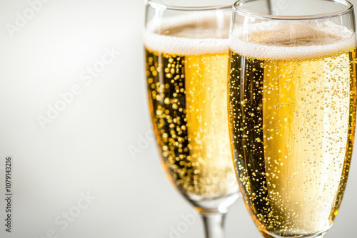 Pair Of Champagne Flutes Clinking Together In A Toast, With Shimmering Bubbles Rising Up, Captured Against A Bright White Background For A Festive Atmosphere