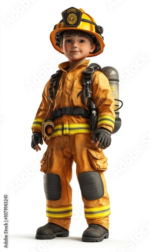 Child in firefighter costume, 3D illustration, isolated on white background 