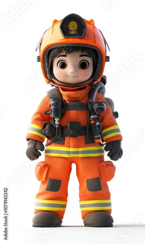 Child in firefighter costume, 3D illustration, isolated on white background 