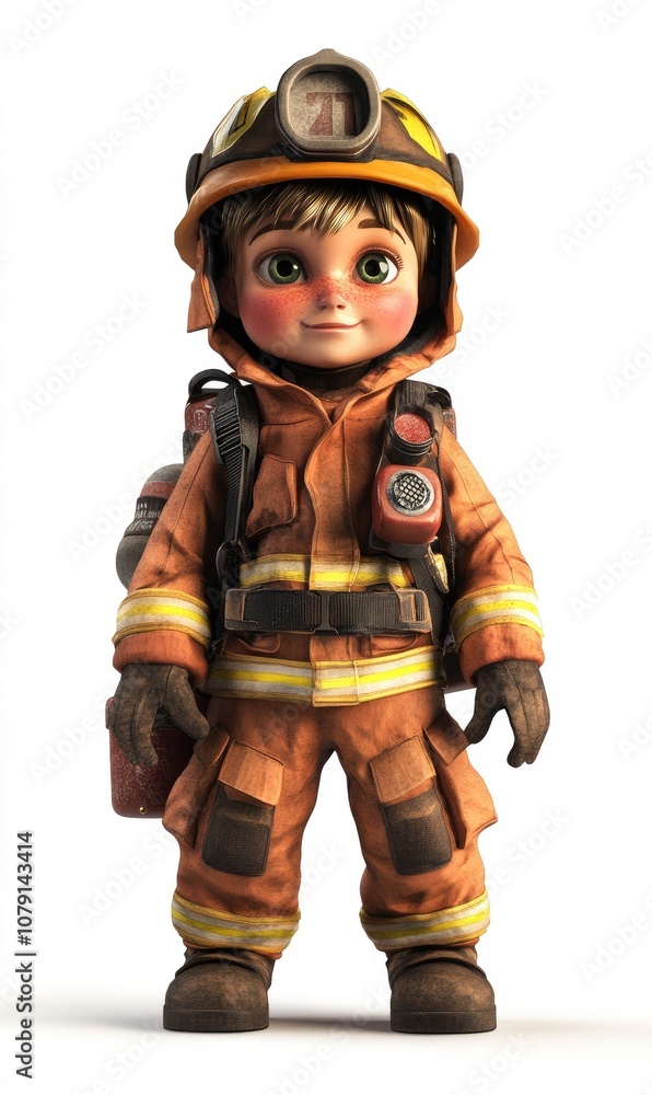 Child in firefighter costume, 3D illustration, isolated on white background Child in firefighter costume, 3D illustration, isolated on white background