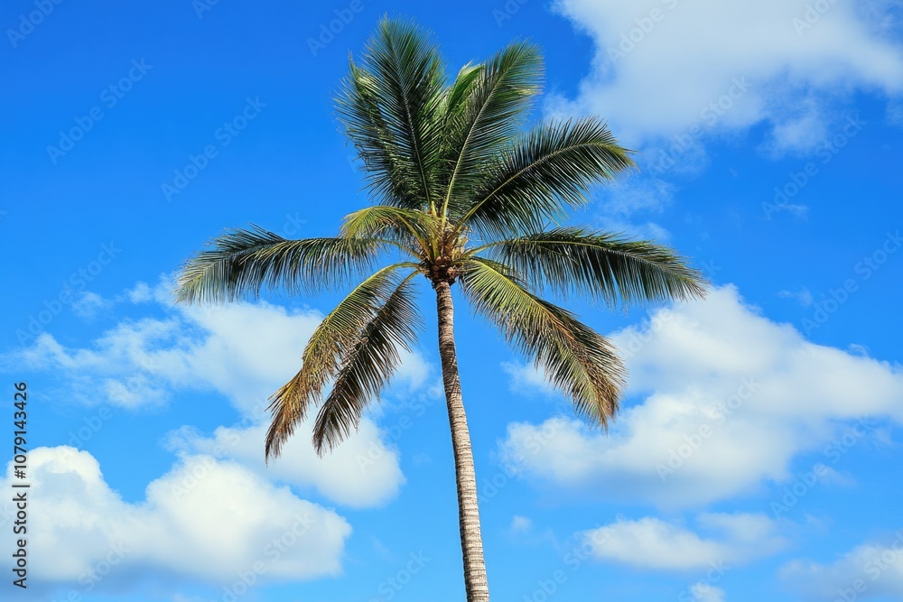 Tropical Island Getaway. Palm Tree Silhouette Against Azure Sky Tropical Island Getaway. Palm Tree Silhouette Against Azure Sky